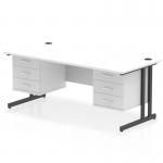 The photograph captures a sleek and modern Dynamic Pedestal Desk Impulse 1800 x 800mm. Its straight design features a white top contrasted with black cantilever legs. The desk is equipped with a fixed pedestal and 2 x 3 drawer storage for organization.