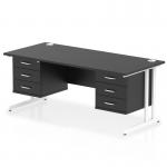 This photograph captures a sleek and modern Dynamic Pedestal Desk Impulse, featuring a black top and white cantilever legs. With a size of 1800 x 800mm, it provides ample workspace. The desk also includes 2 x 3 drawer fixed pedestals for added storage.
