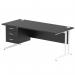 This picture features a sleek and modern Dynamic Pedestal Desk Impulse with a 1800 x 800mm black top and white cantilever leg. Accompanied by a 3 drawer fixed pedestal, this workstation is perfect for any office space.