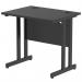 This image features a sleek, black rectangular desk with a cantilever leg. It measures 800 x 600mm and is part of the Dynamic Impulse office furniture collection. The desk has a professional and modern feel, perfect for any contemporary office space.