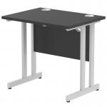 This photo features a dynamic rectangle desk from Impulse, measuring 800 x 600mm. The desk has a sleek black top and is supported by silver cantilever legs.