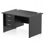 This photo shows a sleek and modern Dynamic Pedestal Desk with a black top panel and straight design. The desk includes a fixed pedestal with three drawers and is supported by stylish panel end legs. Perfect for any office or work space.
