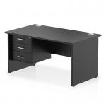 This picture features a sleek black office desk, measuring 1400 x 800mm, with a straight design and a dynamic pedestal base. It also includes a 3 drawer fixed pedestal for added storage. The black top panel and end leg create a modern and professional workstation.