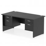 This photo shows a dynamic pedestal desk, with a black top panel and straight design. The desk measures 1600 x 800mm and features a sturdy end leg workstation. Two fixed pedestals with 2 drawers each provide ample storage space.