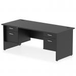 The photograph shows a sleek Dynamic Pedestal Desk Impulse with a straight 1800 x 800mm black top panel and end leg workstation. The desk is equipped with 2 fixed pedestals, each with 2 drawers for storage. Its modern design and clean lines make it a stylish addition to any office space.