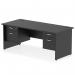 The photograph shows a sleek Dynamic Pedestal Desk Impulse with a straight 1800 x 800mm black top panel and end leg workstation. The desk is equipped with 2 fixed pedestals, each with 2 drawers for storage. Its modern design and clean lines make it a stylish addition to any office space.