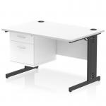 This picture shows a sleek and modern Dynamic Pedestal Desk from their Impulse collection. The desk features a white top with black cable management legs and includes a 2 drawer fixed pedestal. Its dimensions are 1200 x 800mm, making it a spacious and practical workstation for any office setting.