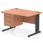 This photograph features a dynamic pedestal desk, measuring 1200 x 800mm, with a straight office desk design. The top is constructed in a warm beech color, while the leg is black and has built-in cable management. The desk also includes one fixed pedestal with 3 drawers for convenient storage.