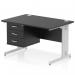This dynamic pedestal desk is perfect for any office space. Its sleek black top and silver cable-managed leg give it a modern look. It features a 3 drawer fixed pedestal for extra storage. The desk measures 1200 x 800mm and is ready to enhance your workspace.