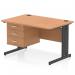 The dynamic pedestal desk has a sleek, modern design with an oak top and black cable managed leg. It features 1 fixed pedestal with 3 drawers, providing plenty of storage space. Perfect for any office setting, this desk is 1200 x 800mm and has a straight shape. Get organized with the Impulse workstation.