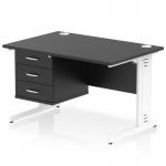 This photo shows a sleek and modern office desk. The black top contrasts with the white cable managed leg, giving it a dynamic feel. A 3 drawer fixed pedestal is attached to the side. Perfect for a stylish and functional workspace.