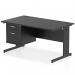 This picture features a modern Dynamic Pedestal Desk from the Impulse collection. The desk has a sleek black top and is supported by a black cable managed leg. It also comes with a fixed pedestal with two drawers for storage. The desk measures 1400 x 800mm and has a straight design.