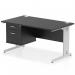 This image shows a sleek and modern dynamic pedestal desk. The desk has a black top and silver cable managed leg for a contemporary look. It also includes a fixed 2 drawer pedestal for added storage. The overall size is 1400 x 800mm, making it a perfect fit for any office space.