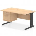 This photo features a dynamic Pedestal Desk with a maple top and black cable managed leg. The workstation measures 1400 x 800mm and includes a 2 drawer fixed pedestal. The desk is designed for a modern and efficient office space.