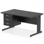 This picture shows a sleek, modern office desk with a black top and cable managed legs. The desk measures 1400 x 800mm and features a fixed pedestal with 3 drawers for storage. A dynamic addition to any workspace.