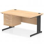 This photo shows a sleek and modern Dynamic Pedestal Desk Impulse with a maple top and black cable managed leg. The desk measures 1400 x 800mm and features a fixed 3 drawer pedestal for storage. The design is simple and sophisticated, making it a great addition to any office space.