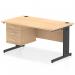 This photo shows a sleek and modern Dynamic Pedestal Desk Impulse with a maple top and black cable managed leg. The desk measures 1400 x 800mm and features a fixed 3 drawer pedestal for storage. The design is simple and sophisticated, making it a great addition to any office space.