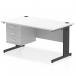 This white office desk with a black cable managed leg and fixed pedestal offers a sleek and modern workspace. The 1400 x 800mm desk is perfect for any office setting. The straight design provides ample space for working and the cable management keeps cords organized.