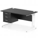 This photo features a sleek and modern Dynamic Pedestal Desk with a black top and white cable managed leg. The 1400 x 800mm straight office desk comes with a fixed pedestal of 3 drawers, creating a functional and stylish workstation.