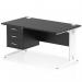 This photo features a sleek and modern Dynamic Pedestal Desk with a black top and white cable managed leg. The 1400 x 800mm straight office desk comes with a fixed pedestal of 3 drawers, creating a functional and stylish workstation.