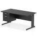 This picture displays a dynamic pedestal desk called Impulse, measuring 1600 x 800mm. The desk has a sleek black top, cable managed legs, and comes with a fixed pedestal with 2 drawers. This workstation is ideal for any office setting.