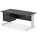 This image shows a sleek, modern office desk with a black top and silver cable managed leg. The desk has dimensions of 1600 x 800mm and comes with a fixed pedestal featuring 2 drawers. The overall design is dynamic and perfect for a professional workspace.
