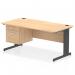 The photo shows a sleek and modern Dynamic Pedestal Desk with a Maple top and Black cable managed legs. The 1600 x 800mm straight office desk is complete with a fixed pedestal featuring 2 drawers. The workstation exudes function and style, perfect for any office setting.