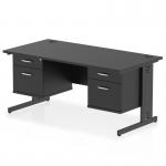 This photograph features a sleek and modern Dynamic Pedestal Desk Impulse with a black top and a cable managed leg workstation. The desk measures 1600 x 800mm and includes 2 x 2 drawer fixed pedestals for storage. A perfect addition to any office space.