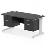 The Dynamic Pedestal Desk Impulse features a sleek black top and silver cable managed legs. This 1600 x 800mm workstation includes two fixed pedestals with 2 drawers each, providing ample storage space for your office needs.