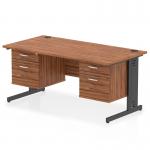 The dynamic pedestal desk is a sleek and functional workspace solution. It features a 1600 x 800mm straight walnut top with black cable management, supported by sturdy legs. Two 2-drawer fixed pedestals provide ample storage space. The overall design is modern and professional, making it a great addition to any office.