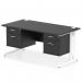 This image shows a dynamic pedestal desk with a black top and white cable managed leg. The desk measures 1600 x 800mm and has a straight design. It comes with 2 x 2 drawer fixed pedestal for added storage.