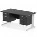The picture features a sleek and modern Dynamic Pedestal Desk Impulse, measuring 1600 x 800mm. The desk has a black top and silver cable managed leg workstation. It also includes a 1 x 2 drawer and 1 x 3 drawer fixed pedestal for added storage capacity.