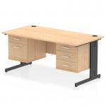 This image shows a dynamic pedestal desk with a maple top and black cable-managed leg. It has a sleek, straight design and includes a 2-drawer and 3-drawer fixed pedestal for storage.