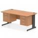 This photo features a sleek oak top office desk measuring 1600 x 800mm, with a black cable-managed leg workstation. It includes a 2-drawer and 3-drawer fixed pedestal for ample storage space. The design is modern and dynamic, perfect for any office setting.