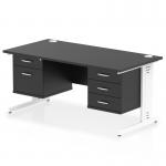 The dynamic pedestal desk features a sleek black top, with a clean white cable managed leg. It includes both a 2 drawer and 3 drawer fixed pedestal for added storage. The size measures 1600 x 800mm, making it ideal for any office workspace.