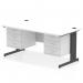 The Dynamic Pedestal Desk features a sleek white top with black cable managed legs. It measures 1600 x 800mm and includes 2 x 3 drawer fixed pedestals for storage. This contemporary workstation is perfect for any modern office setting.