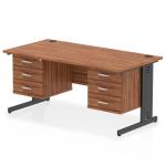 This sleek office desk measures 1600 x 800mm and features a walnut top and black cable managed legs. It also includes 2 x 3 drawer fixed pedestals for convenient storage. The desk has a dynamic feel and is perfect for a modern office.