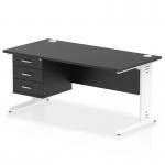 This photo shows a sleek and modern black desk with a white cable-managed leg. The desk measures 1600 x 800mm and features a fixed pedestal with three drawers for storage. It is ideal for any office or workspace.