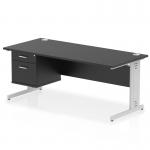 This image shows a dynamic pedestal desk measuring 1800 x 800mm. It features a straight office desk with a black top and a silver cable managed leg workstation. Additionally, there is a 2 drawer fixed pedestal included.