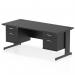 This photograph shows a sleek and modern dynamic pedestal desk, measuring 1800 x 800mm. The straight office desk features a black top and black cable managed leg, creating a clean and organized workspace. The desk also includes 2 fixed pedestals with 2 drawers each, providing ample storage space for office essentials.