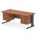 This picture features a sleek dynamic pedestal desk with a walnut top and black cable managed leg. The desk measures 1800 x 800mm and is equipped with a 2 x 2 drawer fixed pedestal for storage. Perfect for any modern office space.