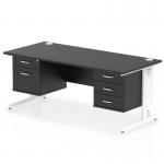 The Dynamic Pedestal Desk Impulse features a sleek black top and white cable managed leg workstation. It measures 1800 x 800mm and is equipped with a 2 drawer and 3 drawer fixed pedestal for ample storage. This modern office desk is both practical and stylish.