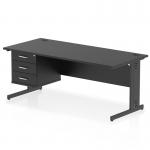 This picture shows a sleek Dynamic Pedestal Desk Impulse with a 1800 x 800mm straight black top. The desk has a black cable managed leg and includes a 3 drawer fixed pedestal with ample storage space. The style is modern and the desk is suitable for any office space.