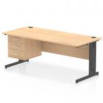 The Dynamic Pedestal Desk Impulse 1800 x 800mm Straight Office Desk features a sleek maple top and black cable managed legs. It also includes a 3 drawer fixed pedestal for extra storage. The desk exudes a professional and modern look, perfect for any office space.