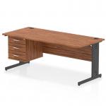 The dynamic pedestal desk has a 1800 x 800mm straight office desk with a walnut top. Its black cable managed leg makes it suitable for a modern office. It also comes with a 3 drawer fixed pedestal for added storage.