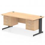 The image features a sleek and modern Dynamic Pedestal Desk in Maple. It is 1800 x 800mm in size and has a straight design. The black cable managed leg adds a professional touch. It also includes 2 3-drawer fixed pedestals for added storage.