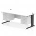 This photograph shows a white-topped straight office desk measuring 1800 x 800mm. The desk features a black cable-managed leg, as well as a 2 x 3 drawer fixed pedestal for storage. The overall design exudes a dynamic and modern feel, perfect for any workspace.