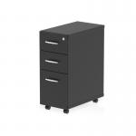 This photograph features a sleek and modern Dynamic Pedestal Desk Impulse with a narrow under desk pedestal in a rich black finish. Perfect for any contemporary office space, this desk also includes three drawers for added storage and convenience.