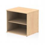 The picture shows a sleek and modern dynamic low bookcase, crafted with maple wood, standing desk high at 600mm deep. The shelves are spaced evenly and can be adjusted to fit various items, providing ample storage space.