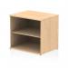 The picture shows a sleek and modern dynamic low bookcase, crafted with maple wood, standing desk high at 600mm deep. The shelves are spaced evenly and can be adjusted to fit various items, providing ample storage space.